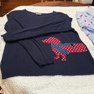 Talbots Navy Sweater with Red Polka Dot Dog and Blue Scarf
